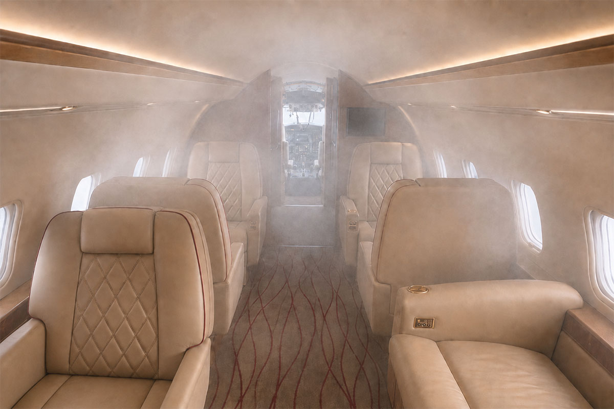 Inside a cabin evacuation emergency trainer (CEET) showing smoke simulation