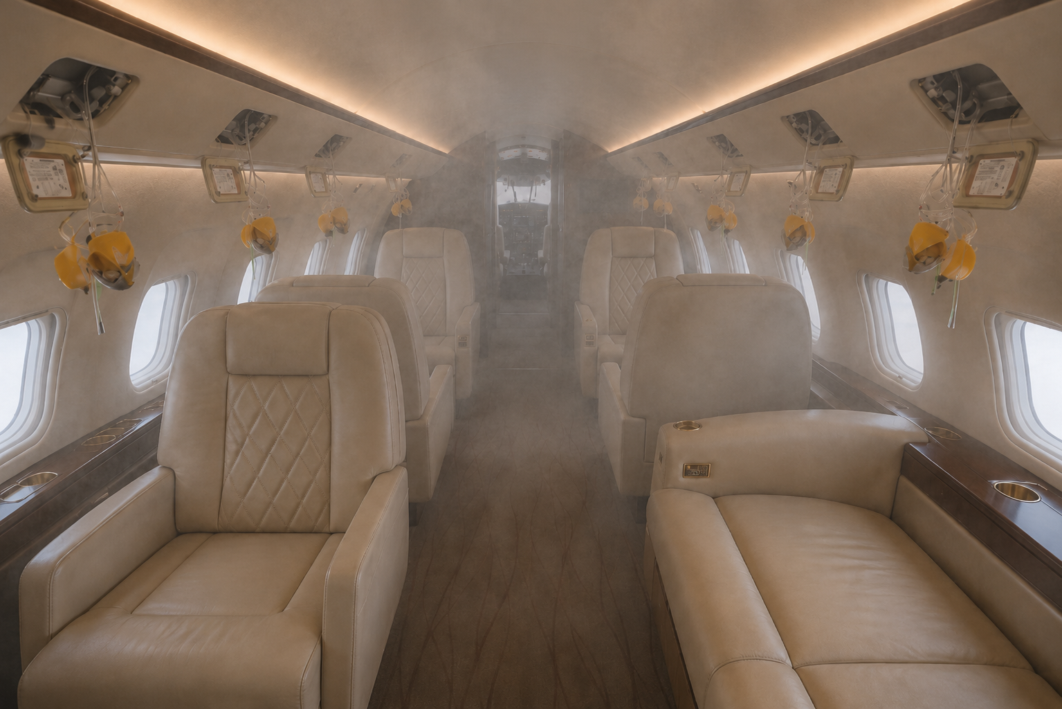 Inside cabin emergency evacuation trainer (CEET) simulator with smoke throughout cabin and oxygen mask deployed throughout