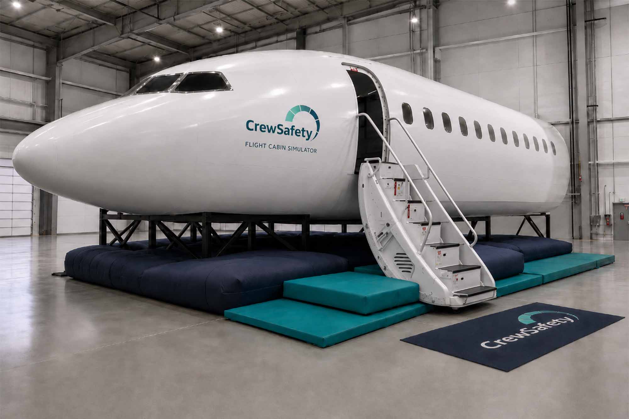 Flight Cabin Simulator V3 Aviation emergency training Exterior of a plane cabin emergency exit training simulator in warehouse, with stair leading to front exit and CrewSafety branding on side of hull and mat in front of stairs