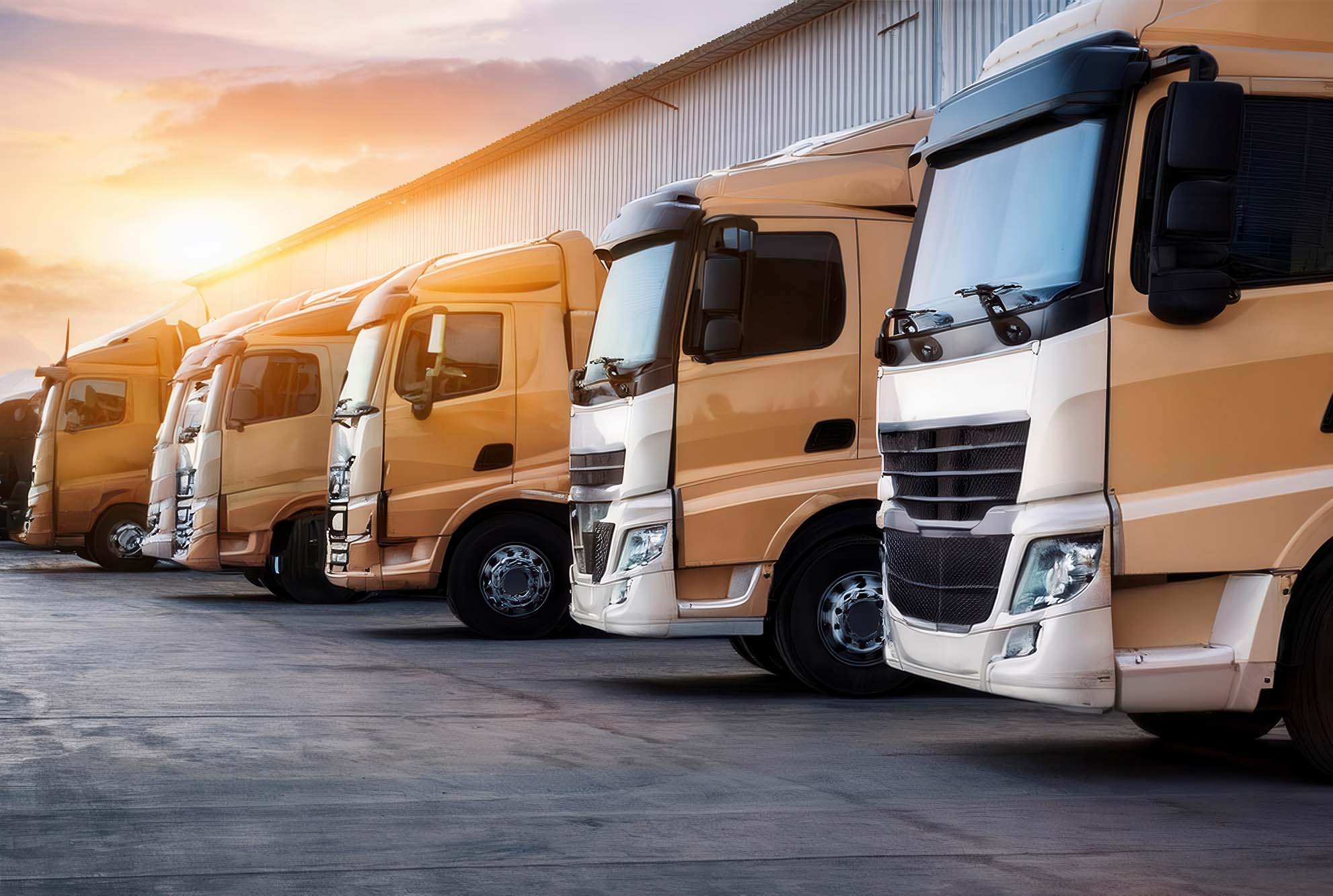 Prime Movers V1 row of prime mover trucks stationed outside of warehouse